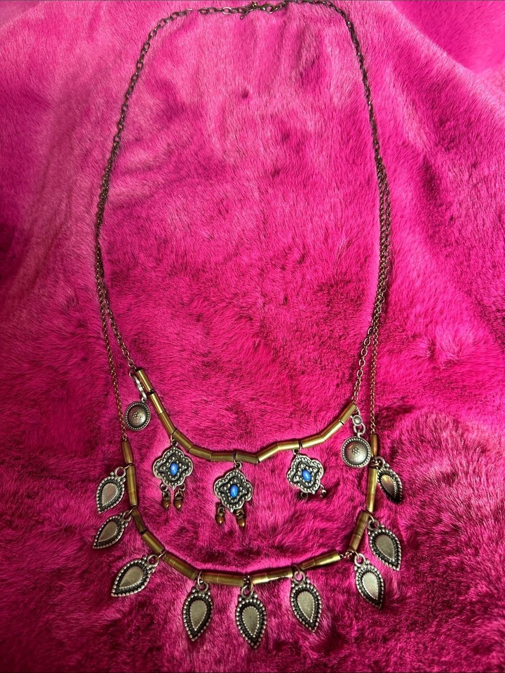 Free People Antique Gold Double-Layer Pendant Necklace with Blue Accents